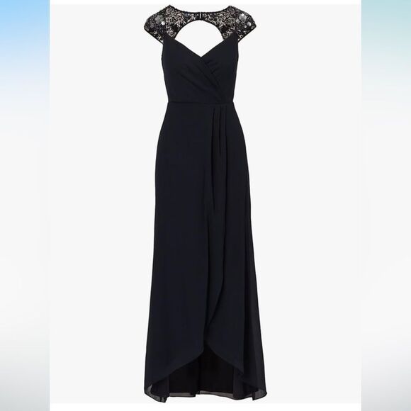 NWT Adrianna Papell | Dark Navy / Black Chiffon Long Maxi Sequin Wrap Dress 4 - Picture 2 of 16